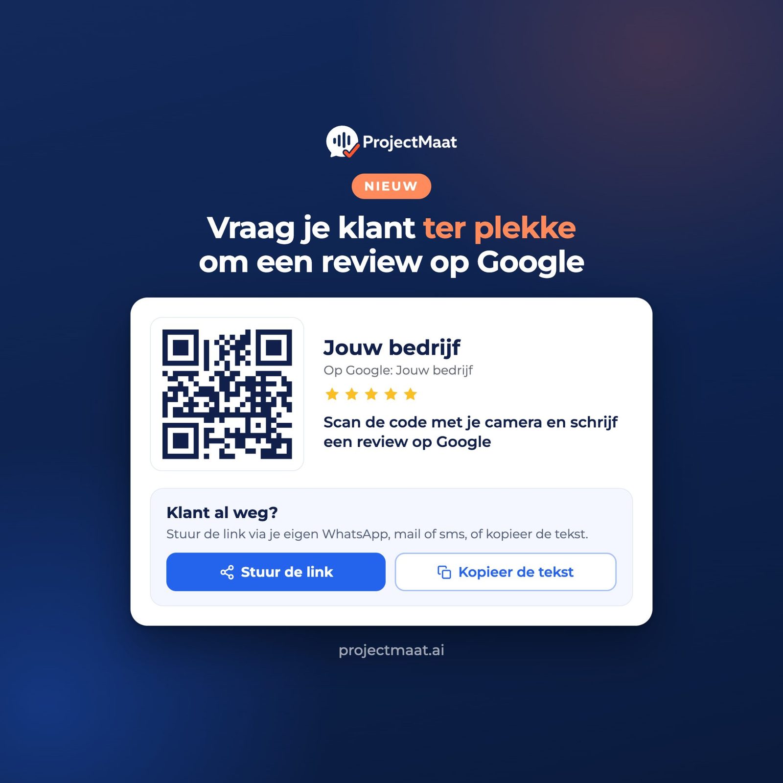QR-code voor direct Google-reviewformulier van ProjectMaat, inclusief stappen om klanten te vragen een recensie te schrijven via scan of link.